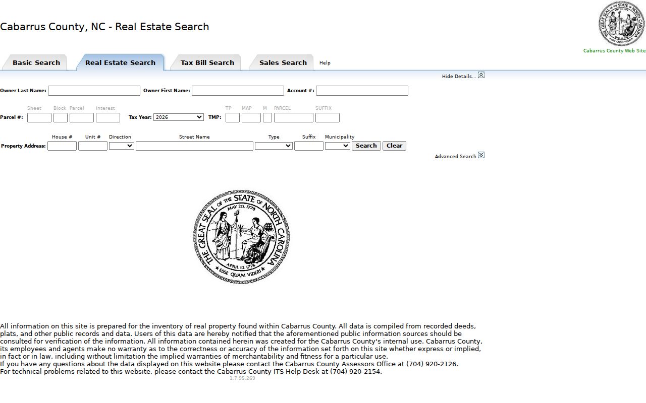 Cabarrus County Real Estate Search interface for Concord property records