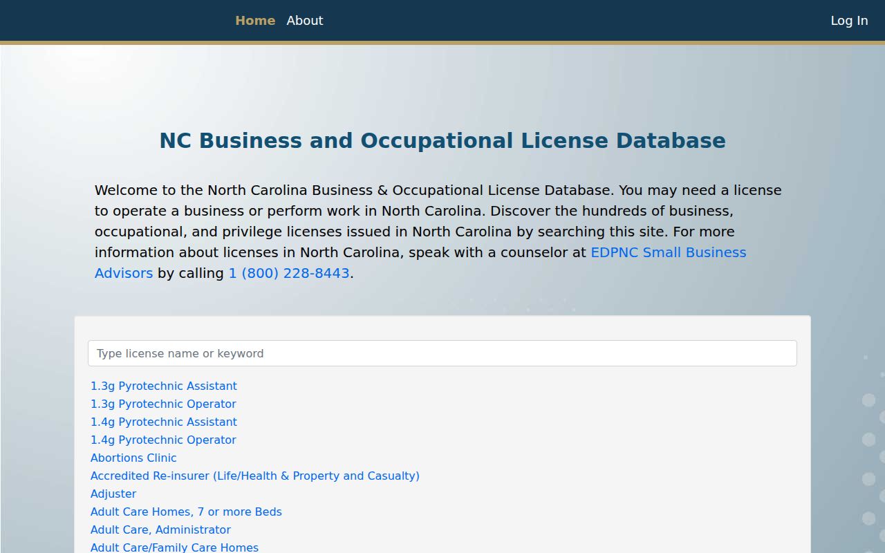 North Carolina Business and Occupational License Database search page